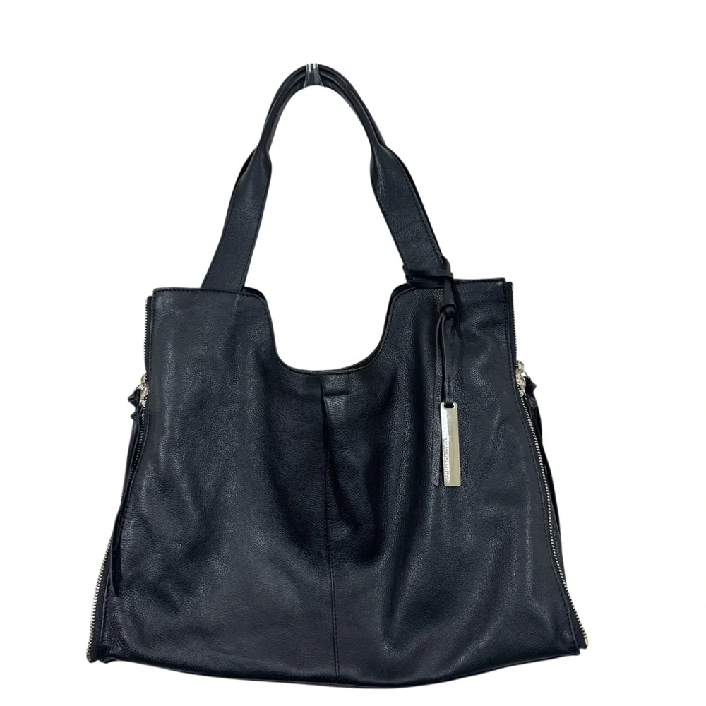 Vince Camuto Corla Black Leather Large Tote Shoulder Bag Zippers Biker Moto